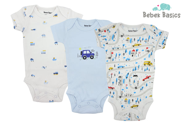 SHORT SLEEVES CAR THEMED BODYSUITS  PACK OF 3 - 31620