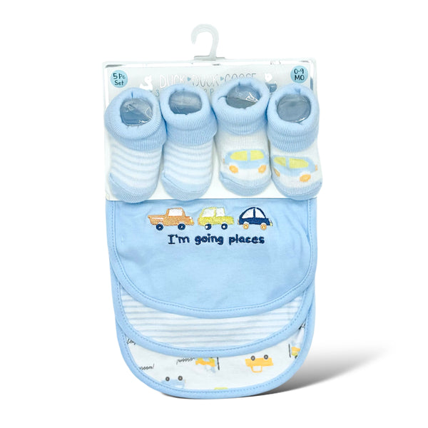 BABY CAR THEMED SOCKS AND BIBS 5 PCS SET