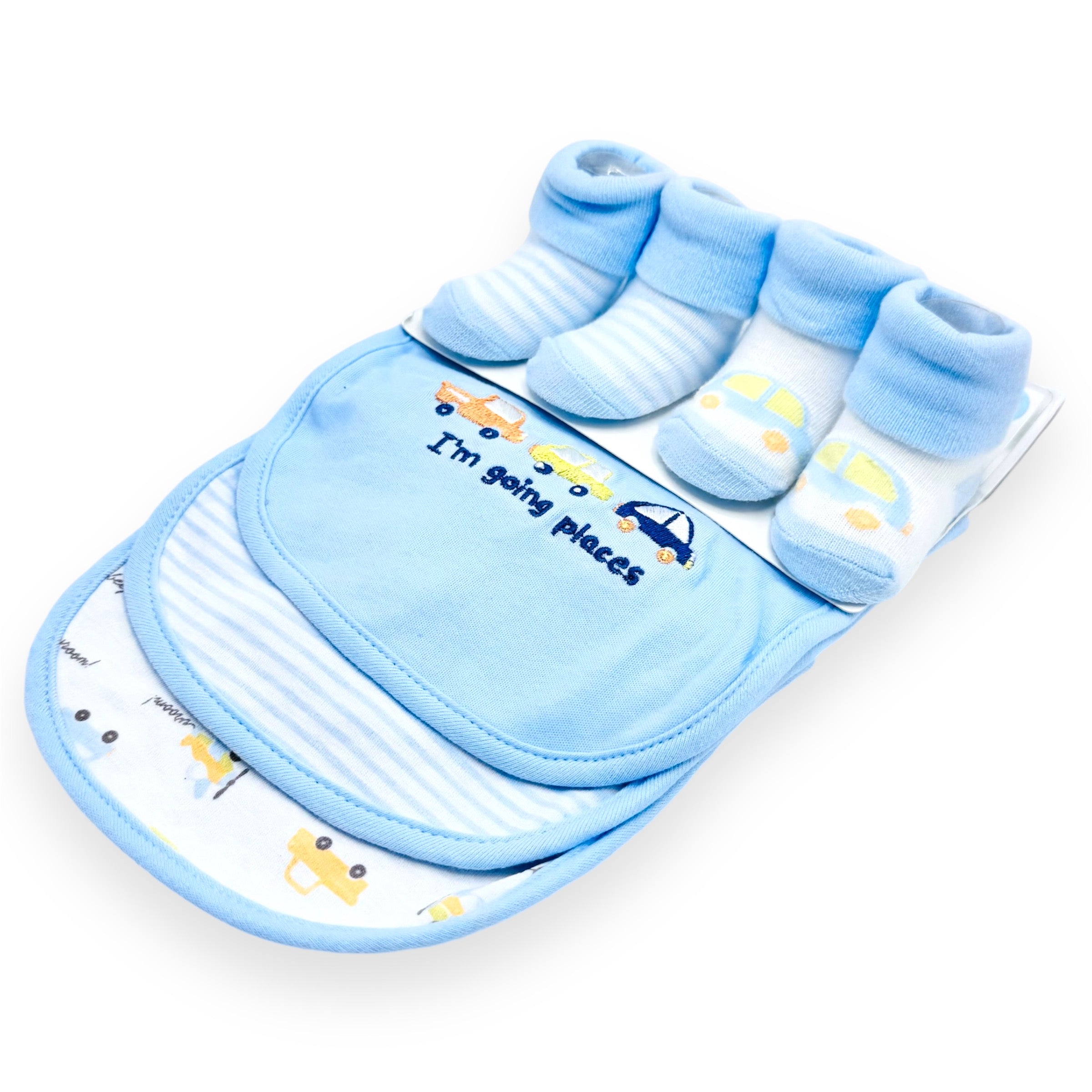 BABY CAR THEMED SOCKS AND BIBS 5 PCS SET