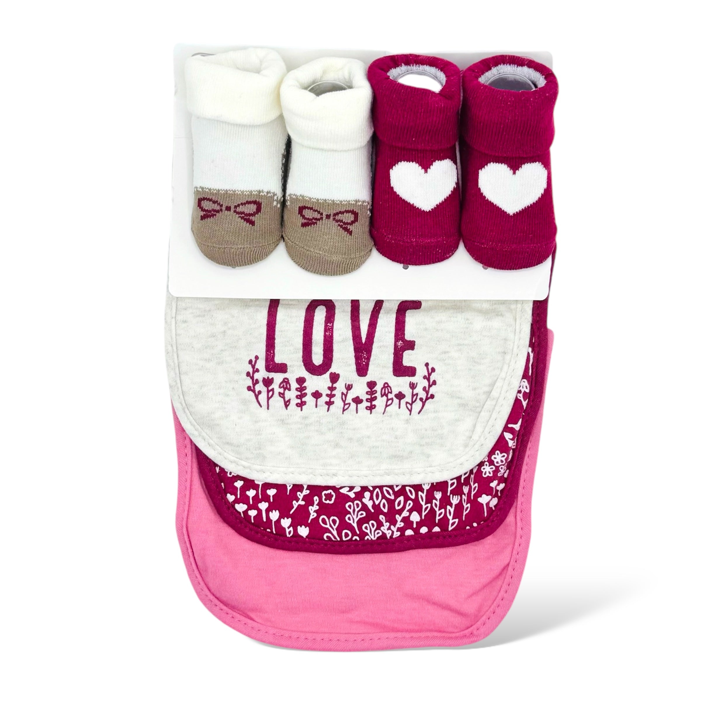 BABY HEART THEMED SOCKS AND BIBS 5 PCS SET