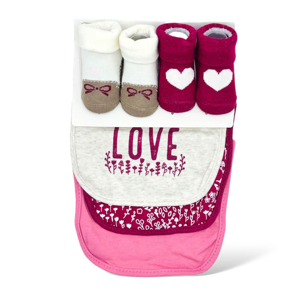 BABY HEART THEMED SOCKS AND BIBS 5 PCS SET