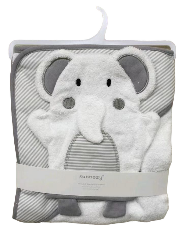 BABY ELEPHANT BATH TOWEL W WASH MITTENS