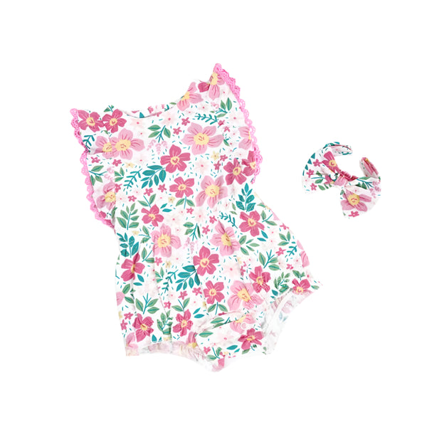 BABY COMFY FLORAL BODYSUIT W HEADBAND