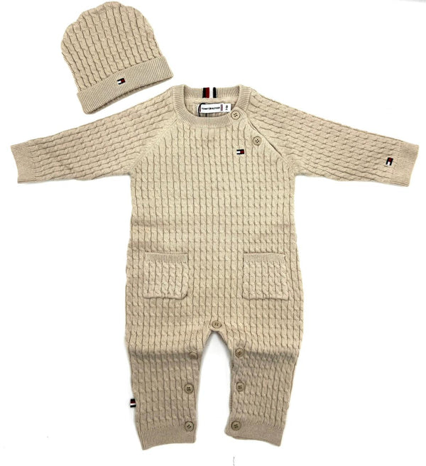 BABY GIRL CABLE KNIT ONESIES W CAP