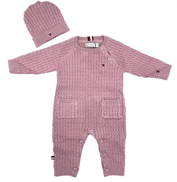 BABY GIRL CABLE KNIT ONESIES W CAP