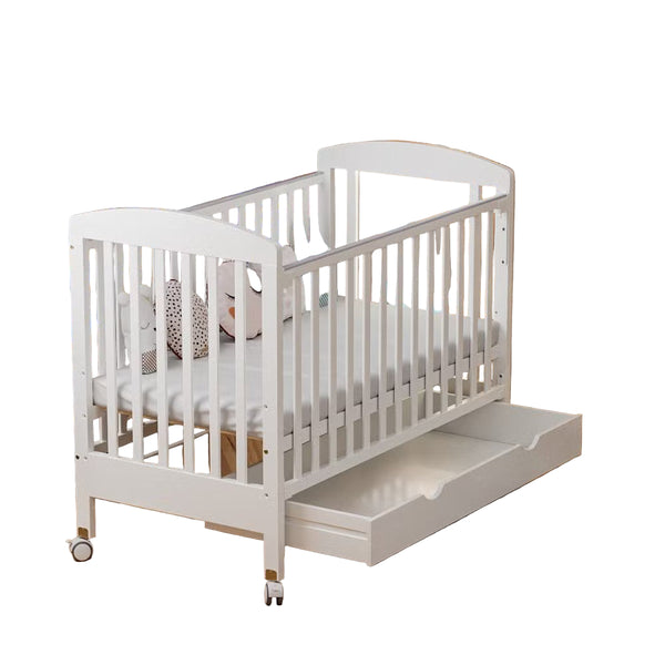 BABY WOODEN COT WHITE W DRAWER