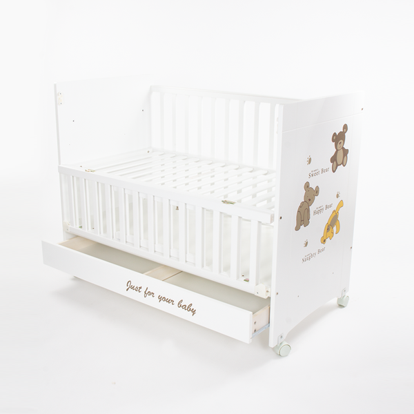 BABY WOODEN COT WHITE W DRAWER